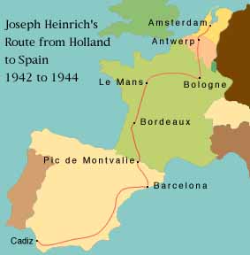 Map Showing Joseph Heinrich's Route from Holland to Spain, 1942-1944